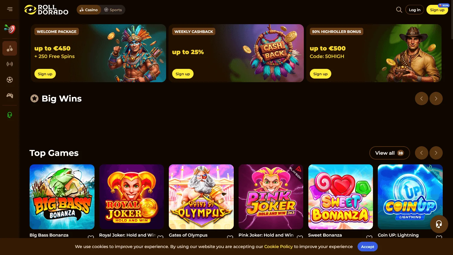 Rolldorado Casino desktop home page for Australian players