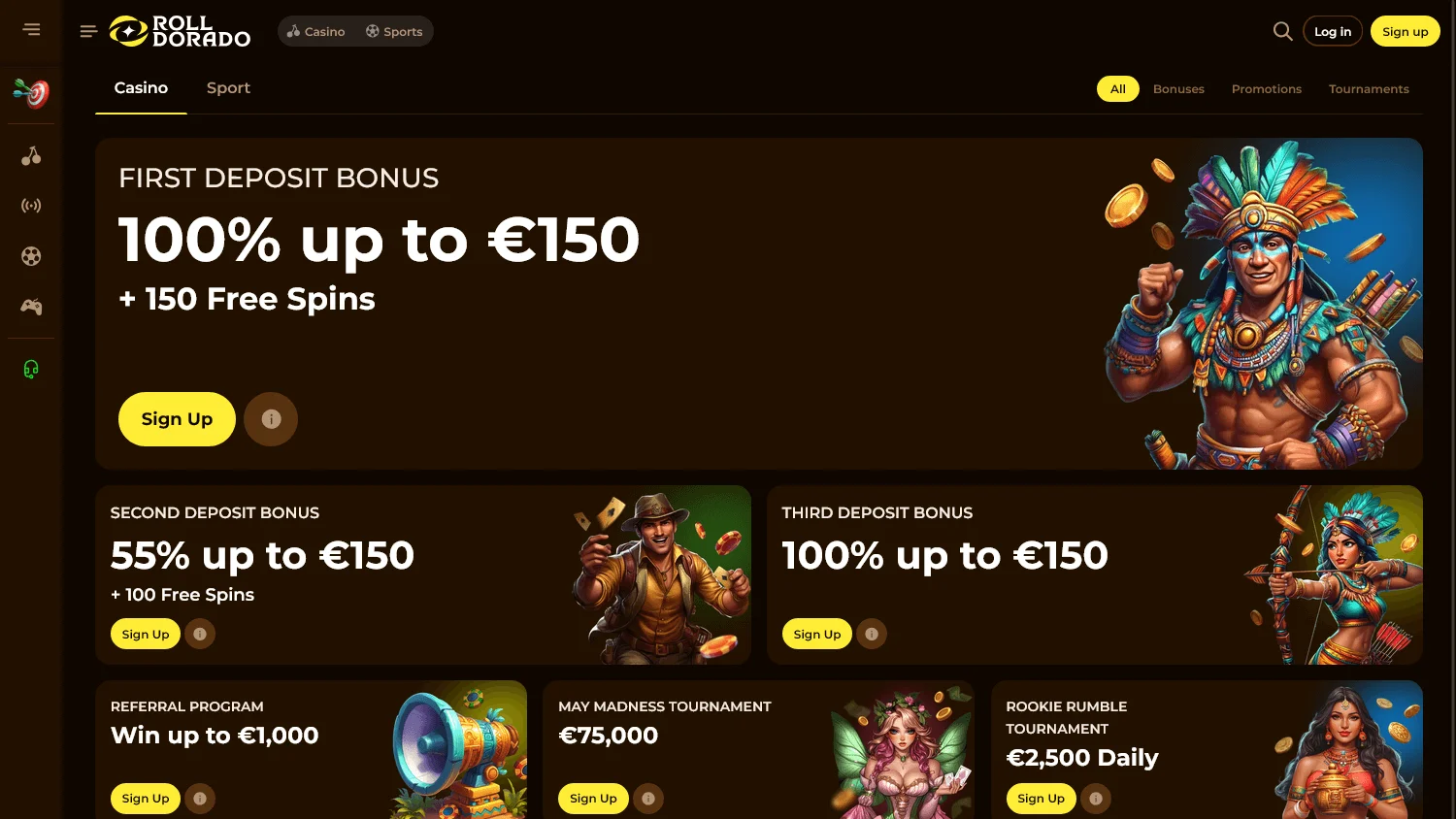 Rolldorado Casino desktop promotions area with available offers